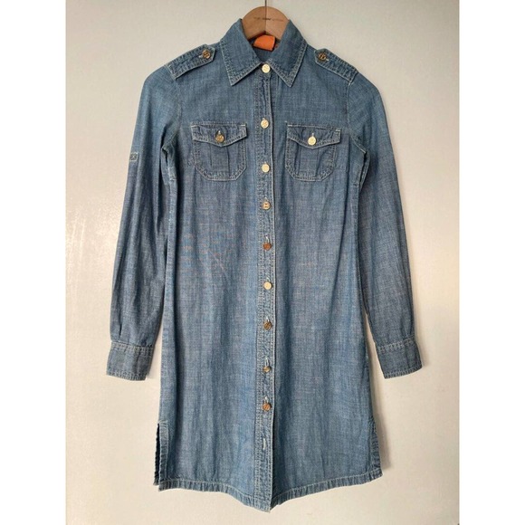 Tory Burch Dresses & Skirts - Tory Burch Shirt Dress Womens 6 Blue Chambray Gold Logo Button Military Utility
